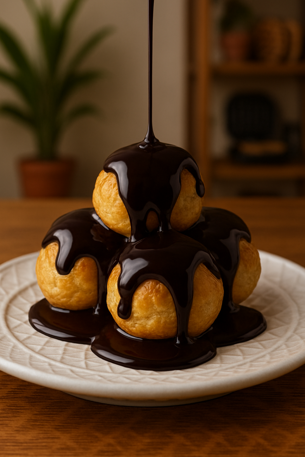 Profiteroles with dark chocolate sauce