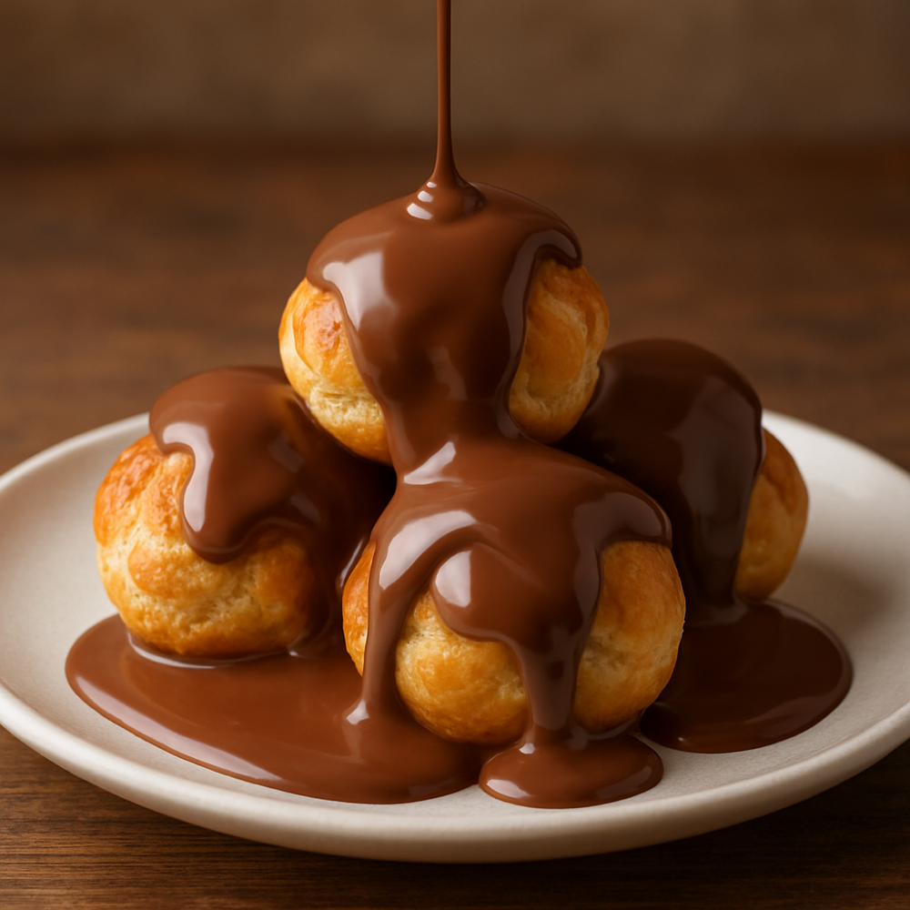 Profiteroles with milk chocolate sauce