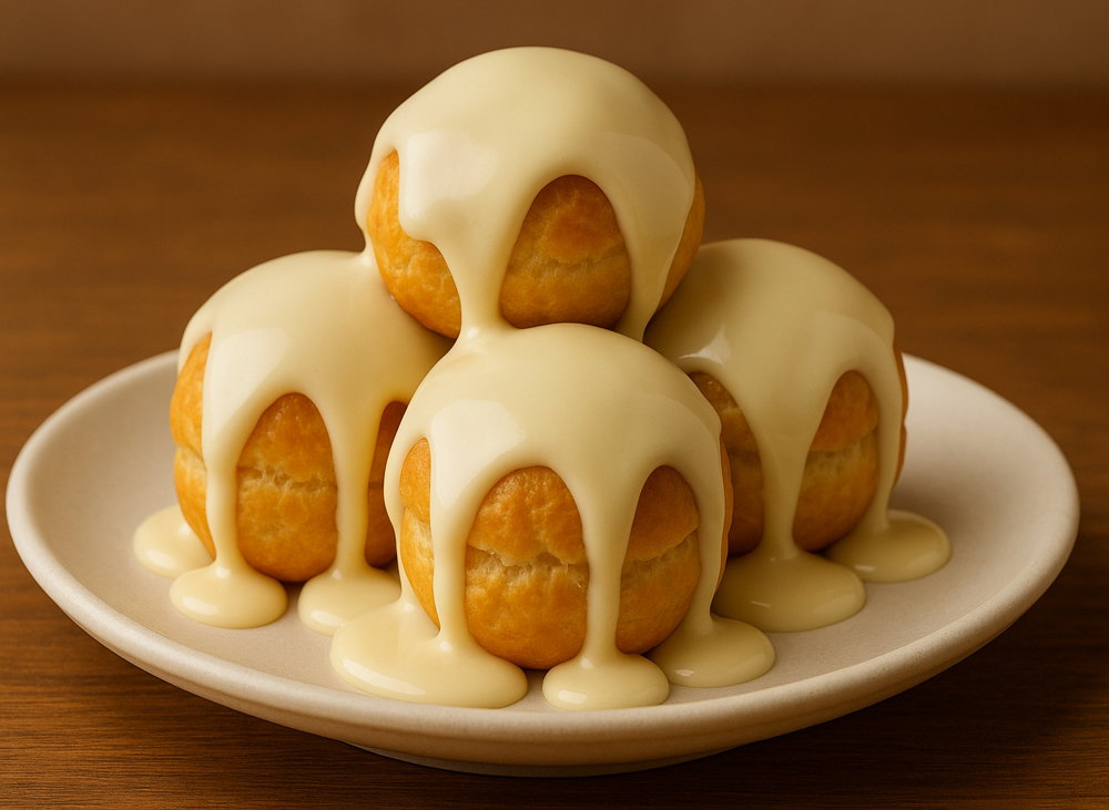 Profiteroles with white chocolate sauce